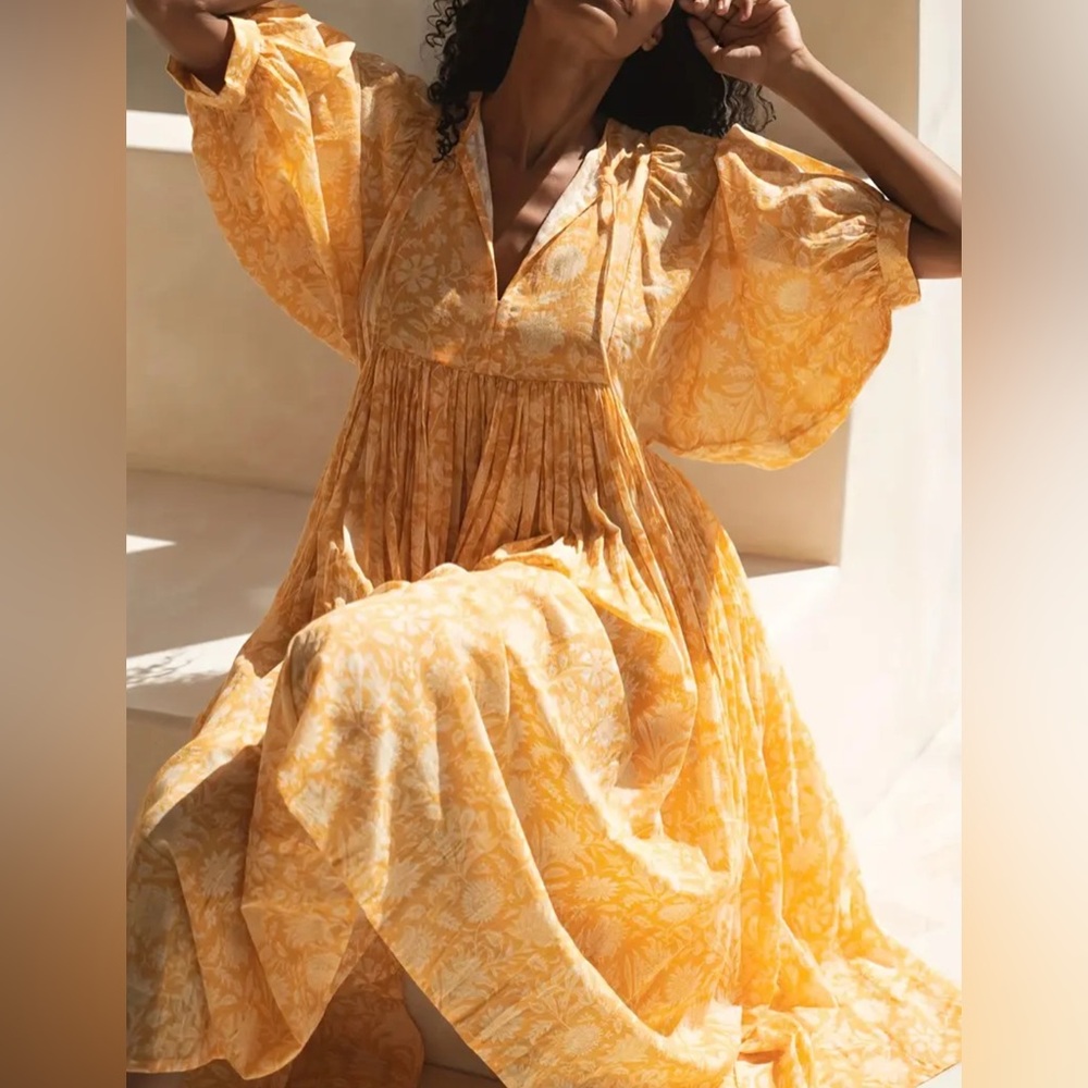 New Boho Loose Viscose Floral Butter Yellow & White Dress Size Large